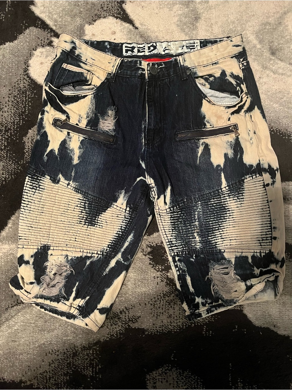 Men's Distressed Tie-Dye Denim Shorts - Black & White